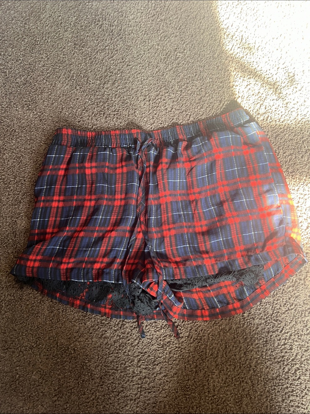 Forever 21 Red and Navy Plaid Skort with Lace Trim